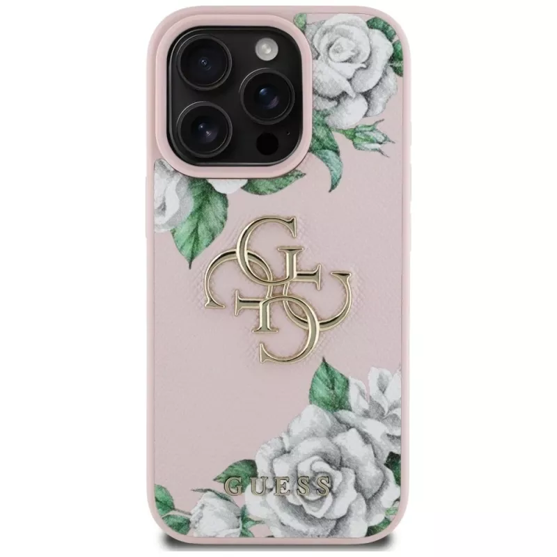 Guess Grained Roses Big 4G Logo puzdro pre Apple iPhone 16 Pro, ružová