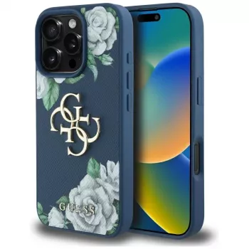Guess Grained Roses Big 4G Logo zadné puzdro pre Apple iPhone 16 Pro - modrá