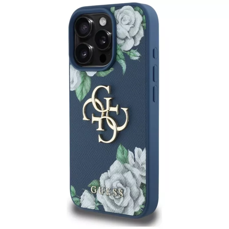 Guess Grained Roses Big 4G Logo puzdro na telefón pre iPhone 16 Pro Max, modrá