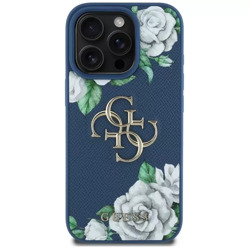 Guess Grained Roses Big 4G Logo puzdro na telefón pre iPhone 16 Pro Max, modrá