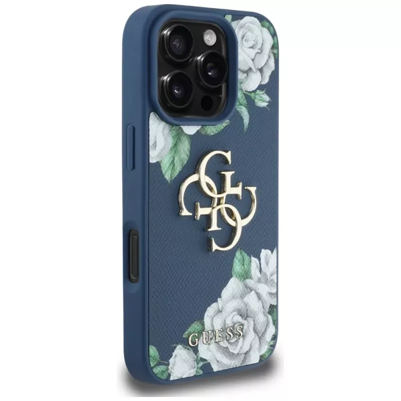 Guess Grained Roses Big 4G Logo puzdro na telefón pre iPhone 16 Pro Max, modrá