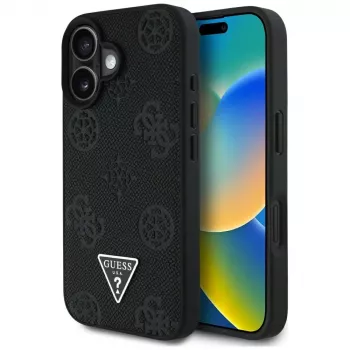 Guess Grained Hot Stamp Peony Triangle Logo MagSafe puzdro pre iPhone 16 (čierna)
