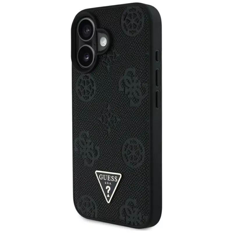 Guess Grained Hot Stamp Peony Triangle Logo MagSafe puzdro pre iPhone 16 (čierna)