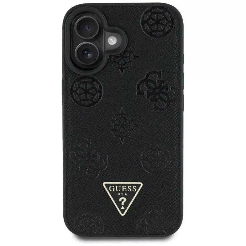 Guess Grained Hot Stamp Peony Triangle Logo MagSafe puzdro pre iPhone 16 (čierna)