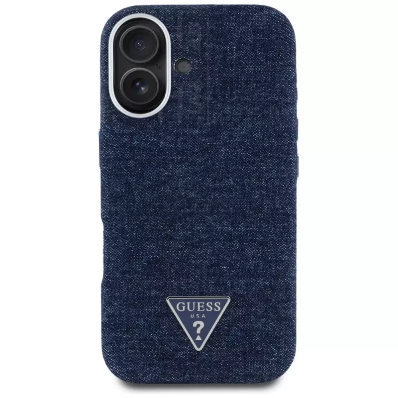 Guess Denim Triangle Logo MagSafe puzdro pre iPhone 16 modrá