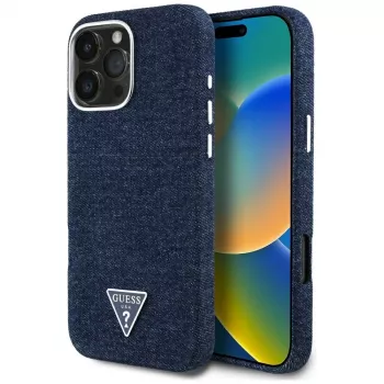 Guess Denim Triangle Logo MagSafe puzdro pre Apple iPhone 16 Pro Max modrá