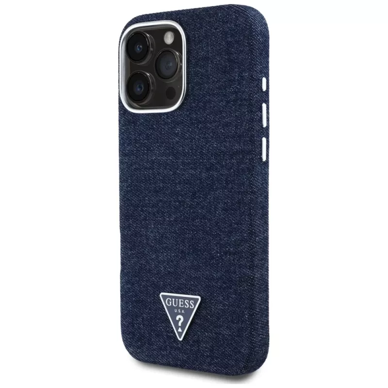 Guess Denim Triangle Logo MagSafe puzdro pre Apple iPhone 16 Pro Max modrá