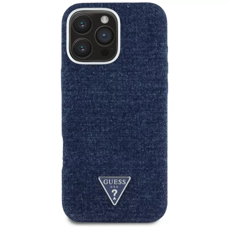 Guess Denim Triangle Logo MagSafe puzdro pre Apple iPhone 16 Pro Max modrá