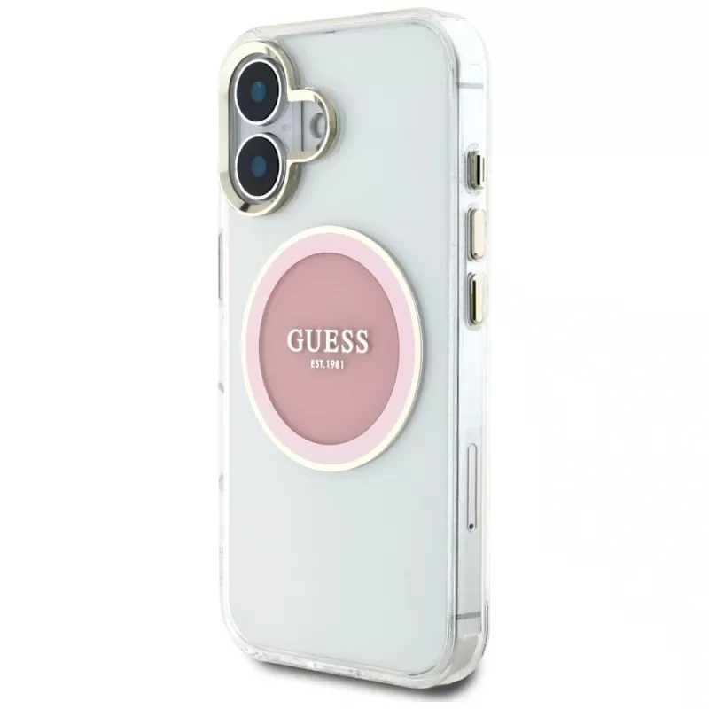Guess IML Metal Colored Circle Classic Logo MagSafe puzdro pre iPhone 16 (ružová)