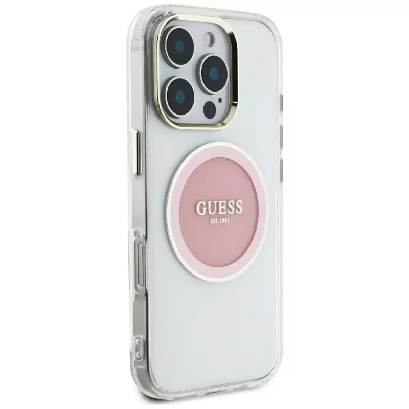 Guess IML Metal Colored Circle Classic Logo MagSafe puzdro pre iPhone 16 Pro Max (ružová)