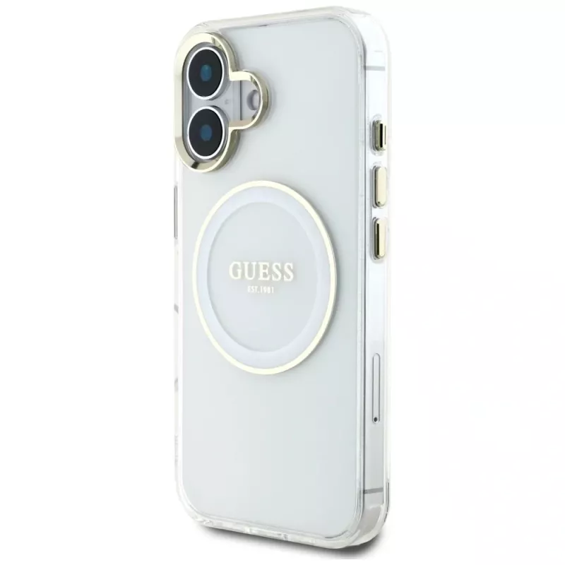 Guess IML Metal Colored Circle Classic Logo MagSafe puzdro pre iPhone 16 (biela)
