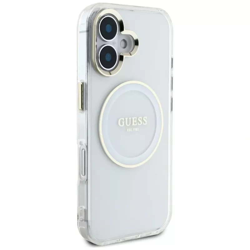 Guess IML Metal Colored Circle Classic Logo MagSafe puzdro pre iPhone 16 (biela)