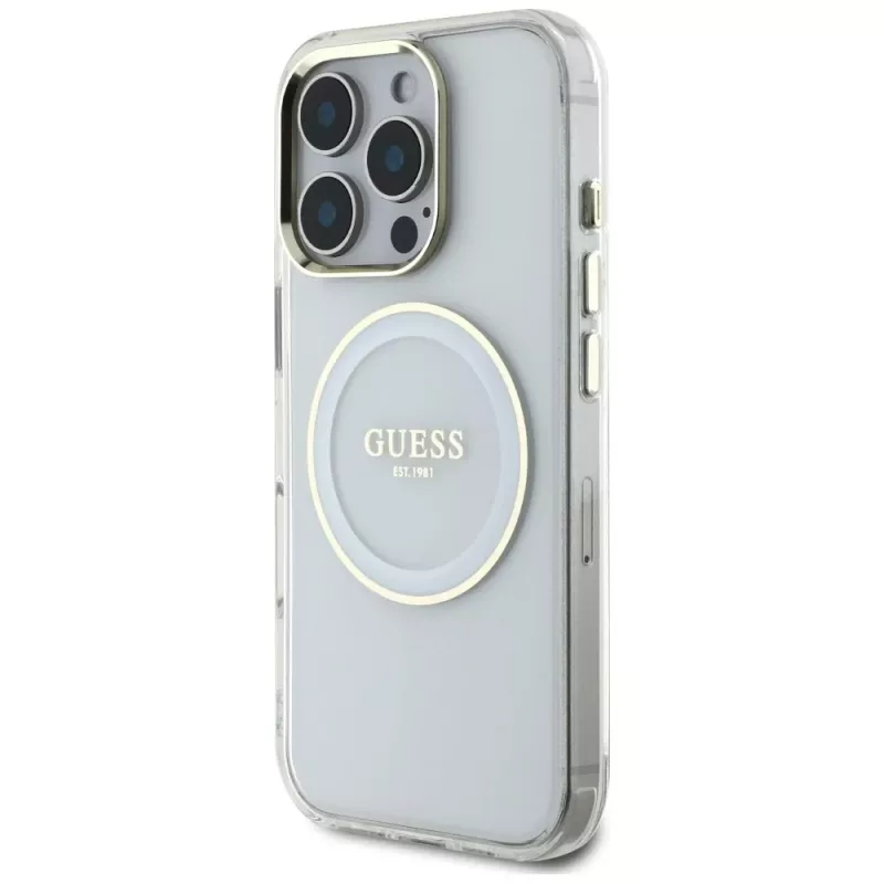 Guess IML Metal Colored Circle Classic Logo MagSafe puzdro pre iPhone 16 Pro (biela)