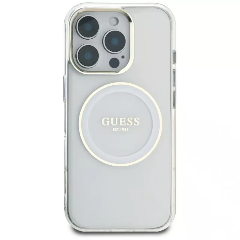 Guess IML Metal Colored Circle Classic Logo MagSafe puzdro pre iPhone 16 Pro (biela)