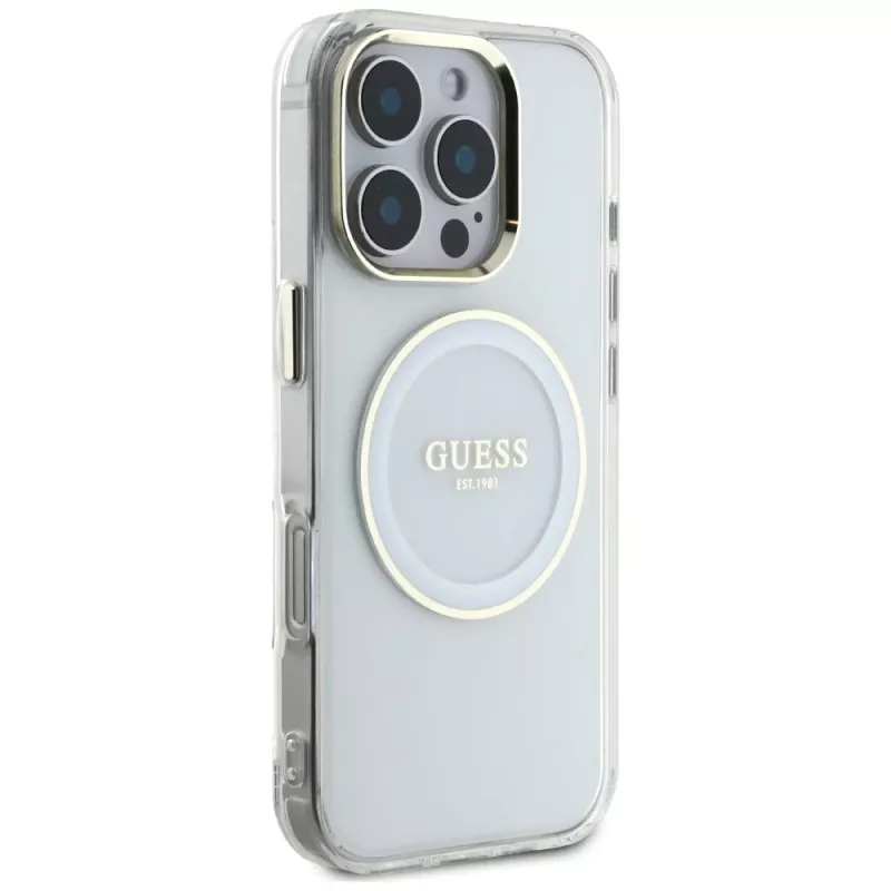 Guess IML Metal Colored Circle Classic Logo MagSafe puzdro pre iPhone 16 Pro (biela)