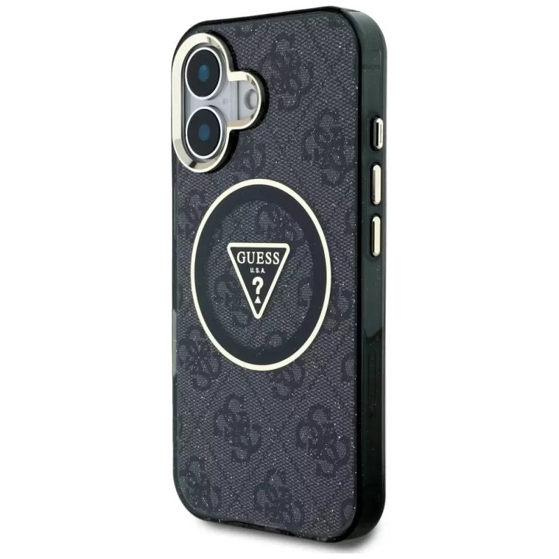 Guess IML Metal Glitter 4G Circle Triangle MagSafe puzdro pre Apple iPhone 16 (čierna)