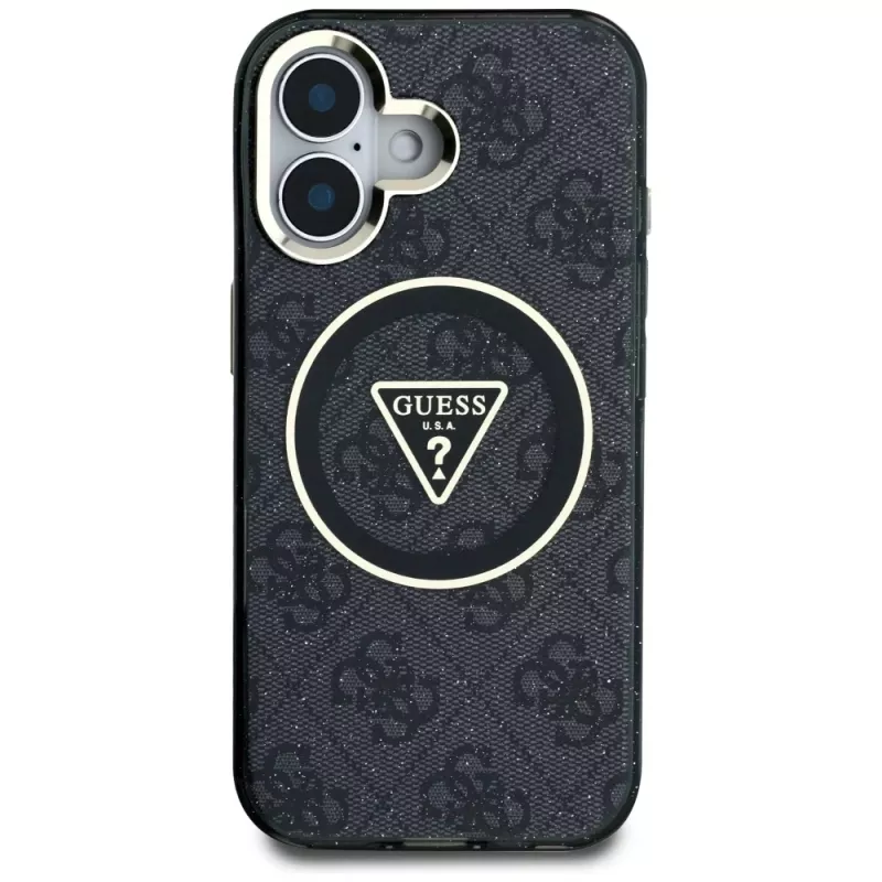 Guess IML Metal Glitter 4G Circle Triangle MagSafe puzdro pre Apple iPhone 16 (čierna)