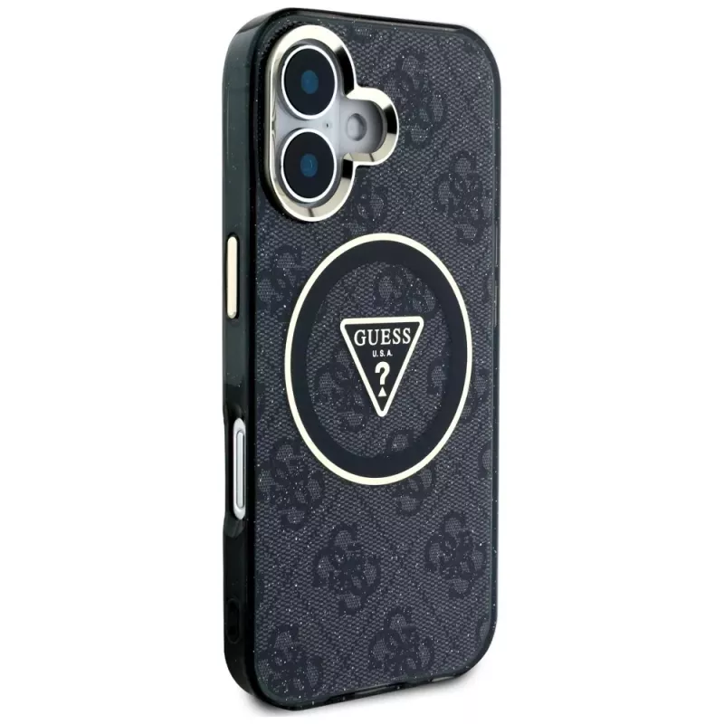 Guess IML Metal Glitter 4G Circle Triangle MagSafe puzdro pre Apple iPhone 16 (čierna)