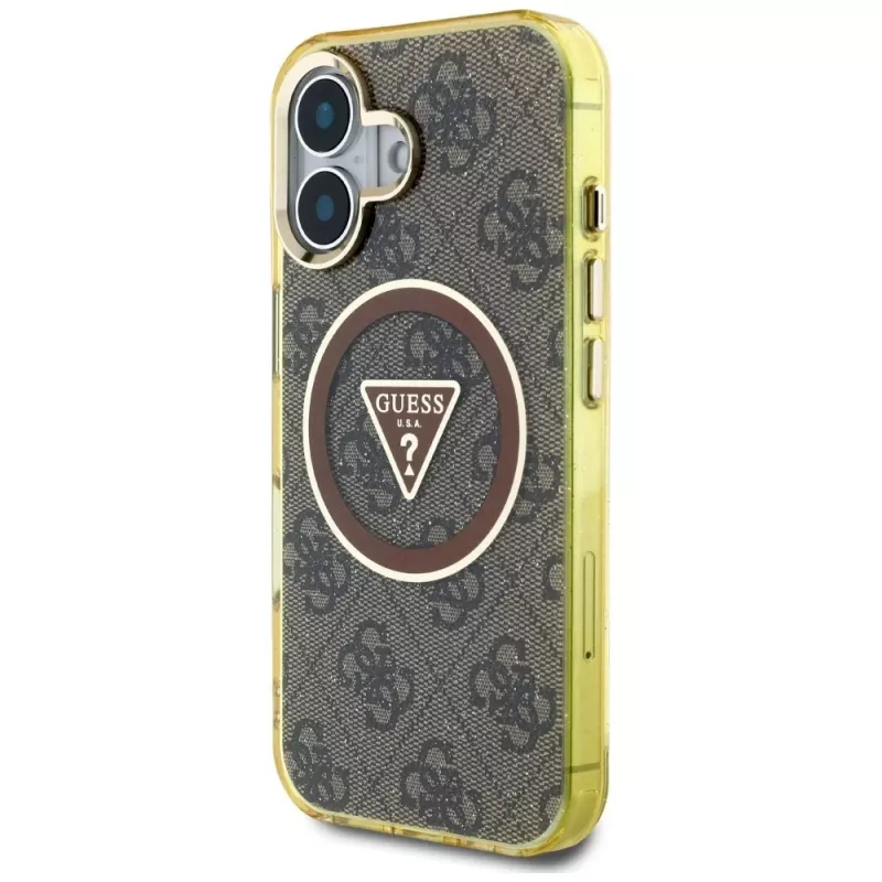 Guess IML Metal Glitter 4G Circle Triangle MagSafe puzdro pre iPhone 16 (hnedá)