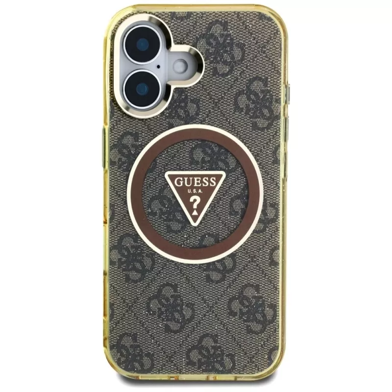 Guess IML Metal Glitter 4G Circle Triangle MagSafe puzdro pre iPhone 16 (hnedá)