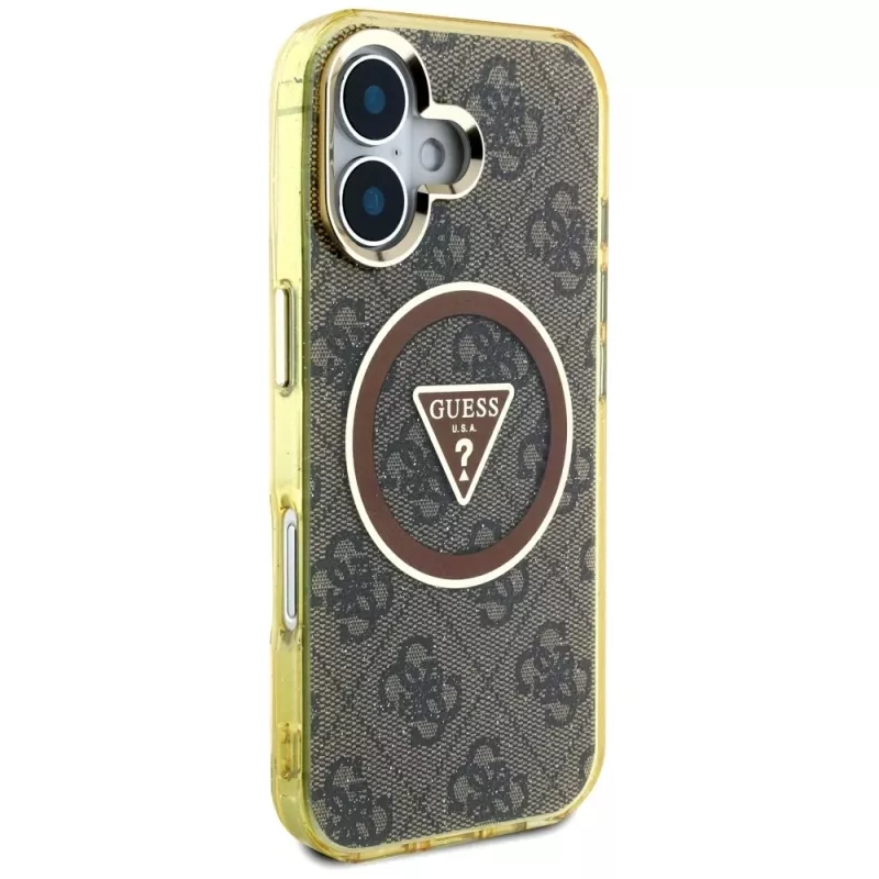Guess IML Metal Glitter 4G Circle Triangle MagSafe puzdro pre iPhone 16 (hnedá)
