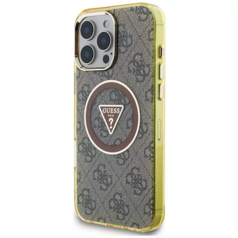 Guess IML Metal Glitter 4G Circle Triangle MagSafe puzdro pre iPhone 16 Pro (hnedá)