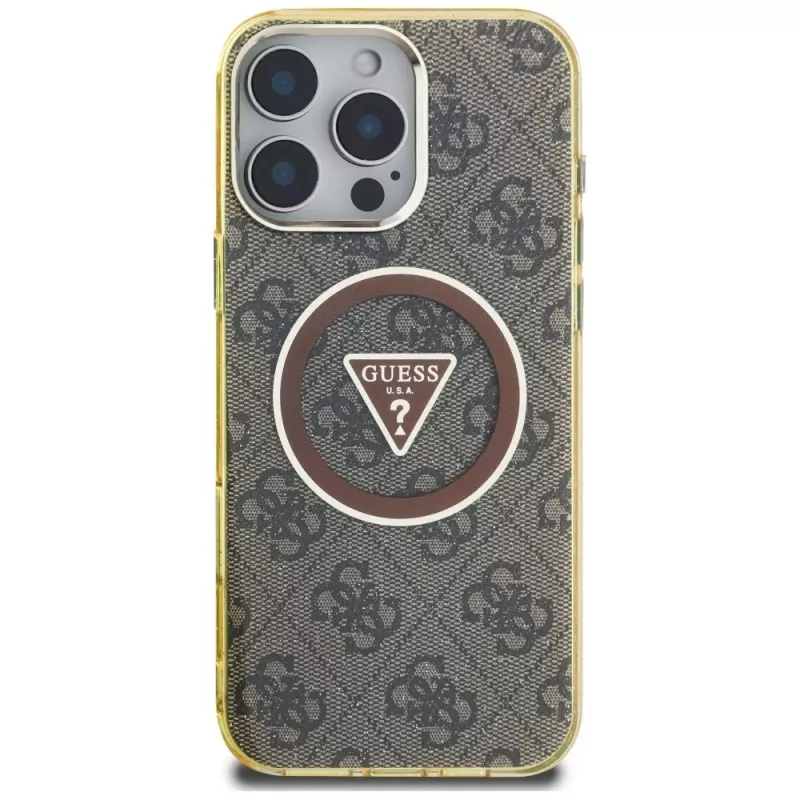 Guess IML Metal Glitter 4G Circle Triangle MagSafe puzdro pre iPhone 16 Pro (hnedá)