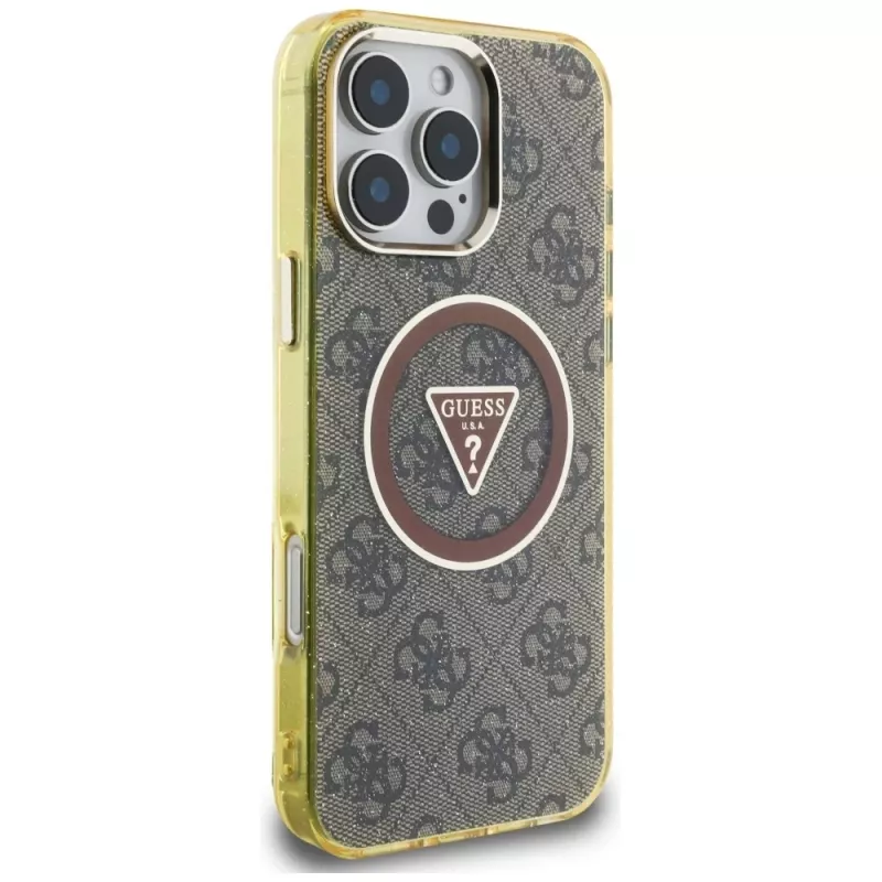 Guess IML Metal Glitter 4G Circle Triangle MagSafe puzdro pre iPhone 16 Pro (hnedá)