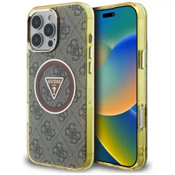 Guess IML Metal Glitter 4G Circle Triangle MagSafe puzdro pre iPhone 16 Pro Max (hnedá)