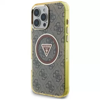 Guess IML Metal Glitter 4G Circle Triangle MagSafe puzdro pre iPhone 16 Pro Max (hnedá)