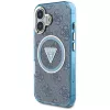 Guess IML Metal Glitter 4G Circle Triangle MagSafe puzdro pre iPhone 16 (modrá)