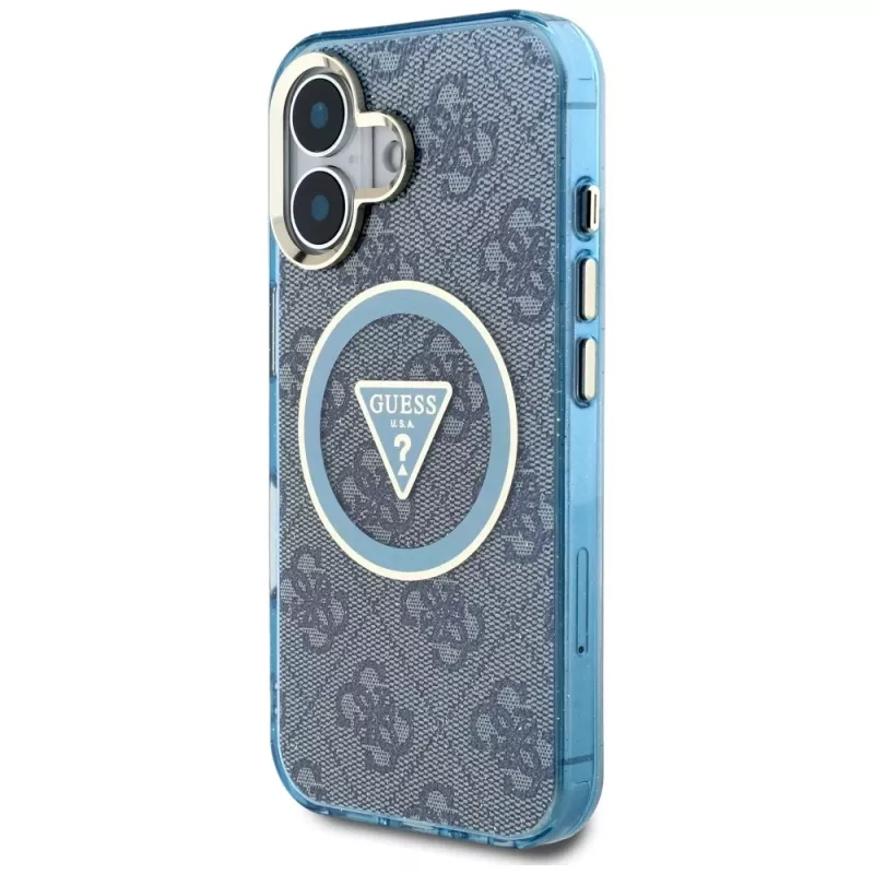 Guess IML Metal Glitter 4G Circle Triangle MagSafe puzdro pre iPhone 16 (modrá)