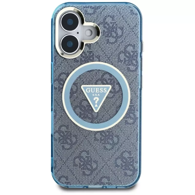 Guess IML Metal Glitter 4G Circle Triangle MagSafe puzdro pre iPhone 16 (modrá)