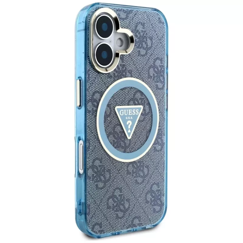 Guess IML Metal Glitter 4G Circle Triangle MagSafe puzdro pre iPhone 16 (modrá)