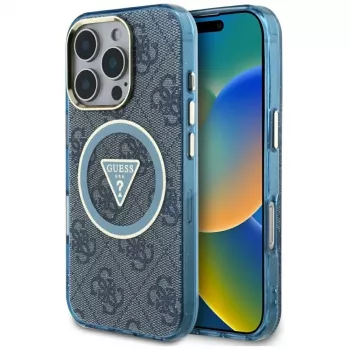 Guess IML Metal Glitter 4G Circle Triangle MagSafe puzdro pre iPhone 16 Pro (modrá)