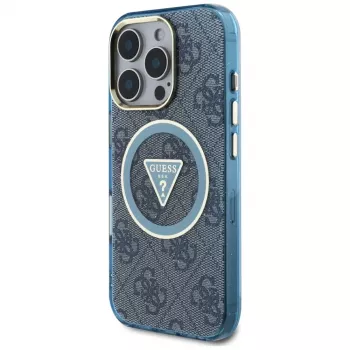 Guess IML Metal Glitter 4G Circle Triangle MagSafe puzdro pre iPhone 16 Pro (modrá)