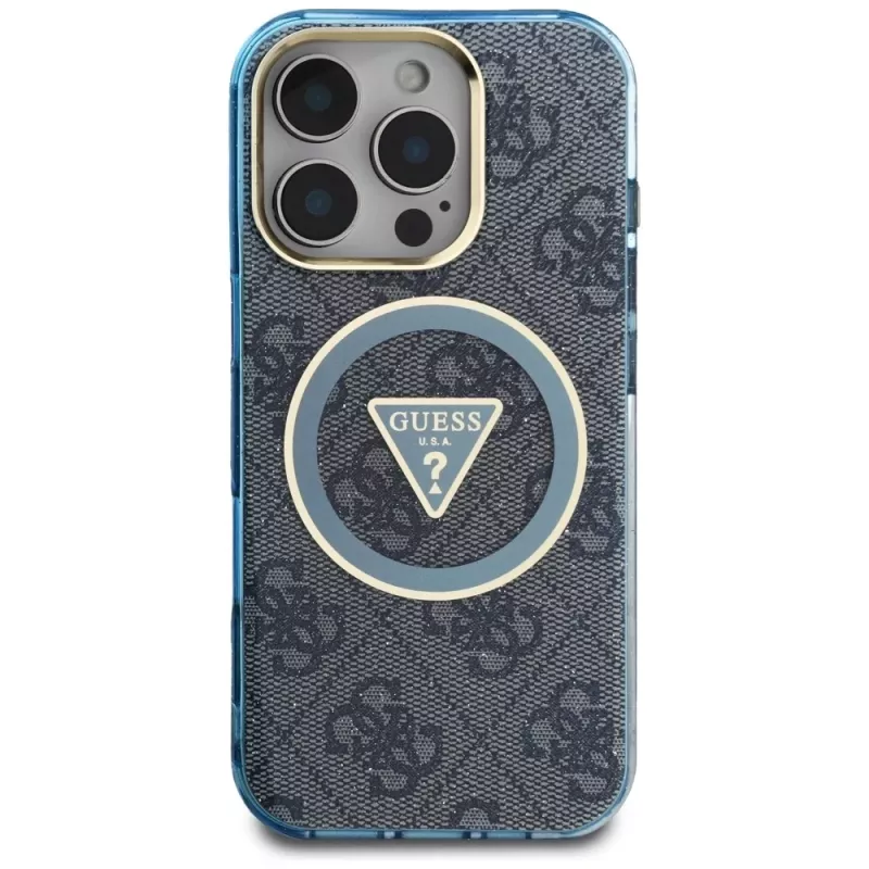 Guess IML Metal Glitter 4G Circle Triangle MagSafe puzdro pre iPhone 16 Pro Max (modrá)