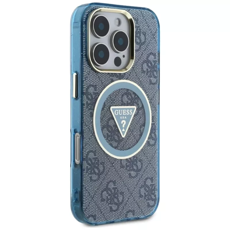 Guess IML Metal Glitter 4G Circle Triangle MagSafe puzdro pre iPhone 16 Pro Max (modrá)