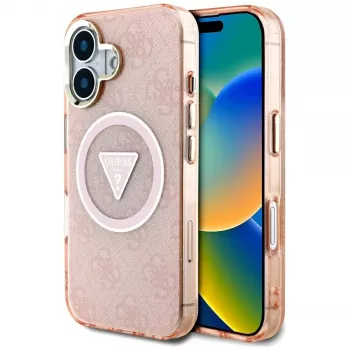 Guess IML Metal Glitter 4G Circle Triangle MagSafe puzdro pre iPhone 16 (ružová)