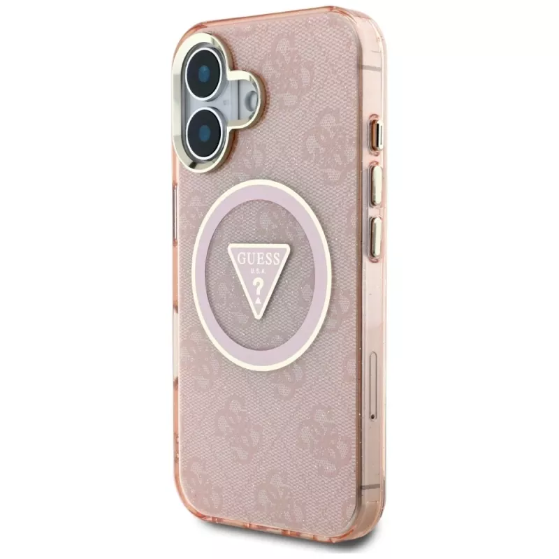 Guess IML Metal Glitter 4G Circle Triangle MagSafe puzdro pre iPhone 16 (ružová)