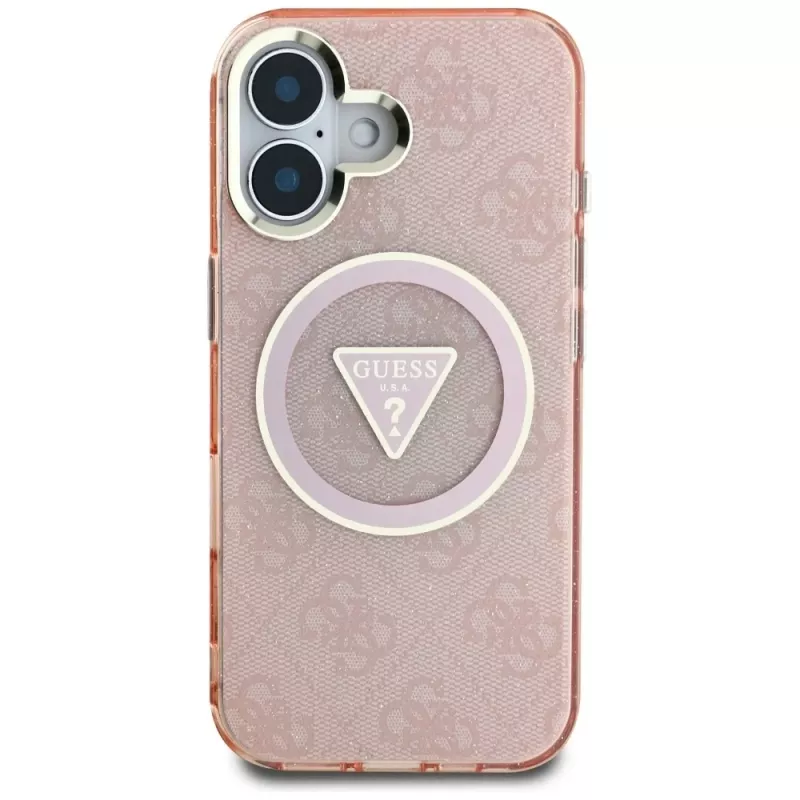 Guess IML Metal Glitter 4G Circle Triangle MagSafe puzdro pre iPhone 16 (ružová)