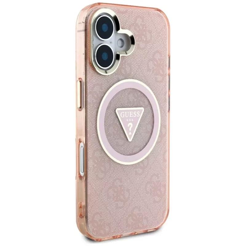 Guess IML Metal Glitter 4G Circle Triangle MagSafe puzdro pre iPhone 16 (ružová)