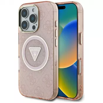 Guess IML Metal Glitter 4G Circle Triangle MagSafe zadné puzdro pre Apple iPhone 16 Pro (ružová)