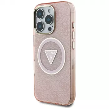 Guess IML Metal Glitter 4G Circle Triangle MagSafe zadné puzdro pre Apple iPhone 16 Pro (ružová)