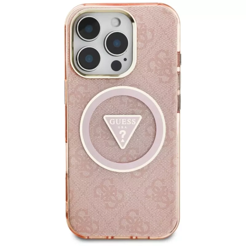 Guess IML Metal Glitter 4G Circle Triangle MagSafe zadné puzdro pre Apple iPhone 16 Pro (ružová)