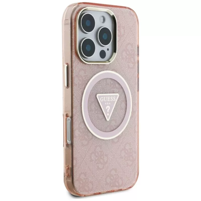 Guess IML Metal Glitter 4G Circle Triangle MagSafe zadné puzdro pre Apple iPhone 16 Pro (ružová)