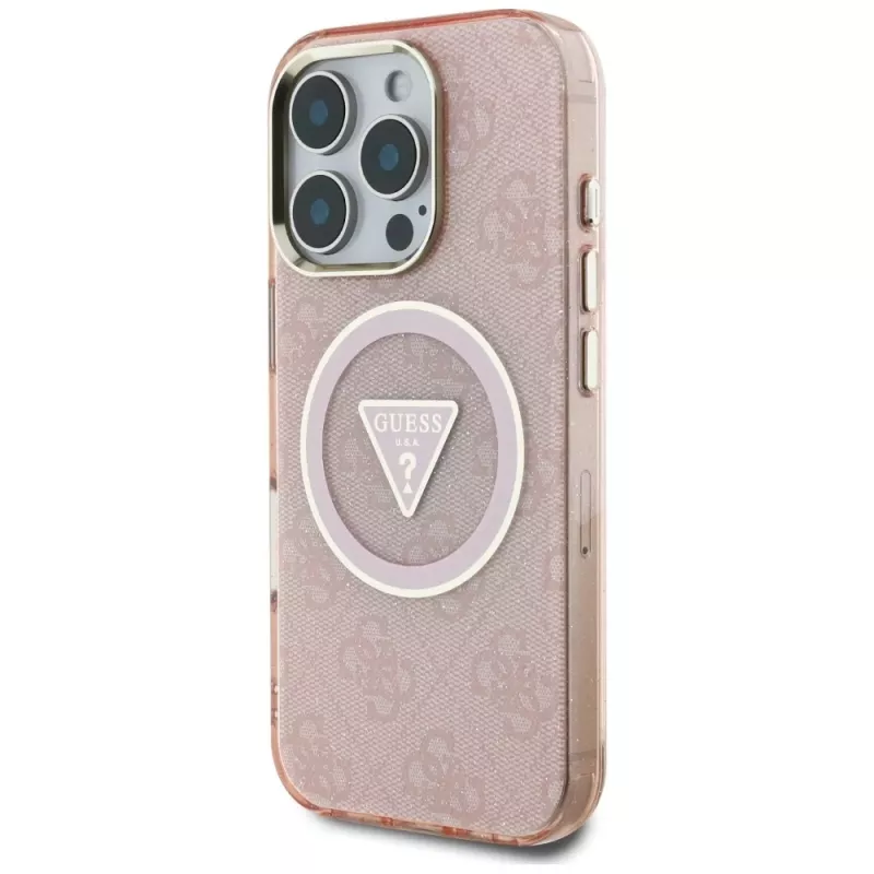 Guess IML Metal Glitter 4G Circle Triangle MagSafe puzdro pre Apple iPhone 16 Pro Max (ružová)