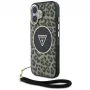 Guess HC IML Leopard Triangle puzdro pre iPhone 16 so šnúrkou, hnedá, MagSafe