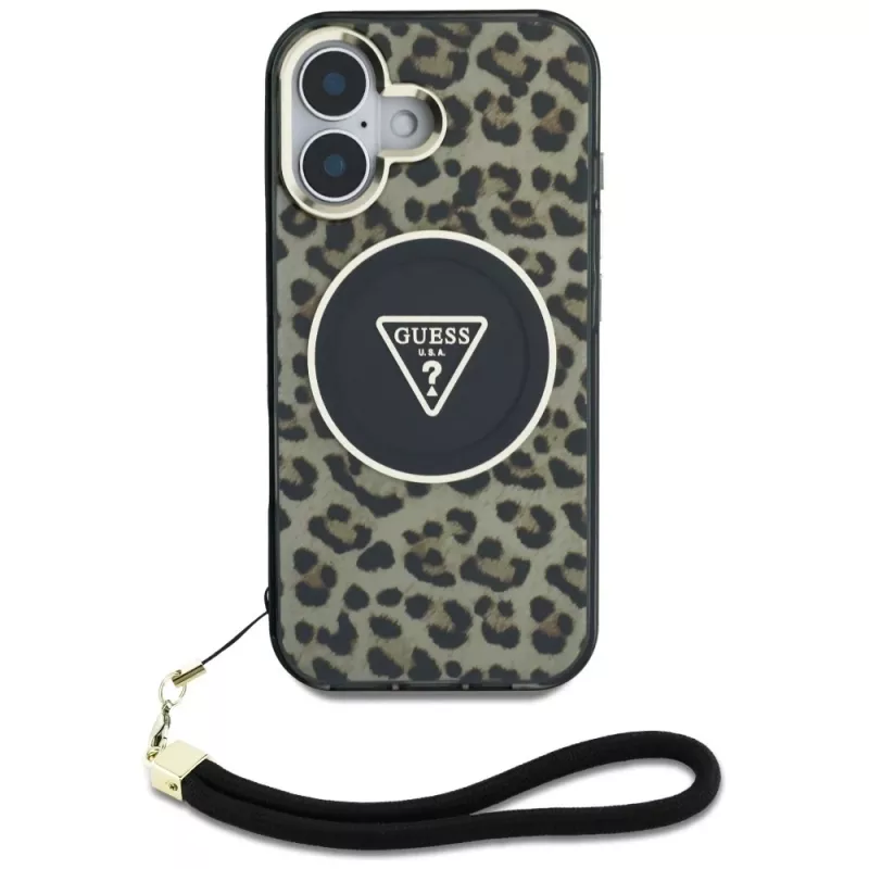 Guess HC IML Leopard Triangle puzdro pre iPhone 16 so šnúrkou, hnedá, MagSafe