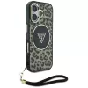 Guess HC IML Leopard Triangle puzdro pre iPhone 16 so šnúrkou, hnedá, MagSafe